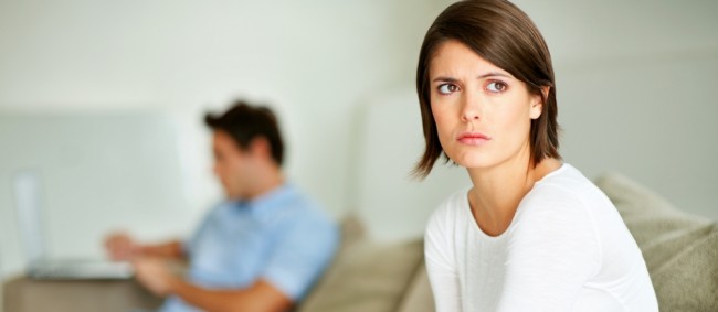 woman think and husband behind